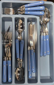 STAINLESS KOREAN FLATWAREBLUE HANDLES FOUR PERSON SERVINGS MISSING 1 SALAD FORK - Picture 1 of 3