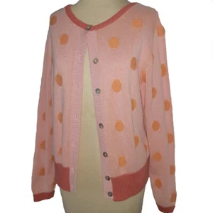 Talbots Orange Pink Polka Dot 100% Cotton Abalone Button Up Long Sleeve Cardigan - Picture 1 of 5