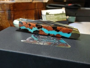 SANTA FE STONEWORKS & H & R MADE A TURQUOISE VEIN ROCK POCKET KNIFE 4" 1 OF 300 - Picture 1 of 18