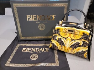 New Fendace Fendi x Versace Black Baroque Mini Peekaboo Leather Crossbody Bag - Picture 1 of 6
