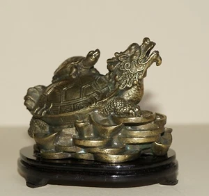 Artículo Antiguo ~ Bronce ~ Detallado ~ Fundido en Frío ~ Dragón Tortuga Tierra ~ con Soporte - Imagen 1 de 6
