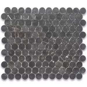 N93LXP Nero Marquina Black Marble 1 inch Penny Round Mosaic Tile Polished - Picture 1 of 5