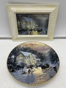 Lot of 2 Thomas Kinkade Sleighride Home Knowles Plate 8.5" & Framed Print 9x7 - Picture 1 of 10