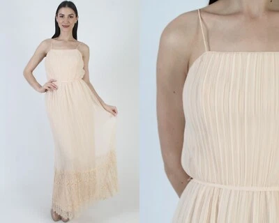 Vtg Miss Elliette Nude Chiffon Dress Belted Sheer Floral Lace Wedding Maxi Gown - Image 1 of 4