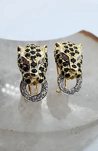 14k .585 Yellow Gold .2 Ctw Diamond Sapphire Black Panther Earrings Au 24175 - Picture 1 of 15