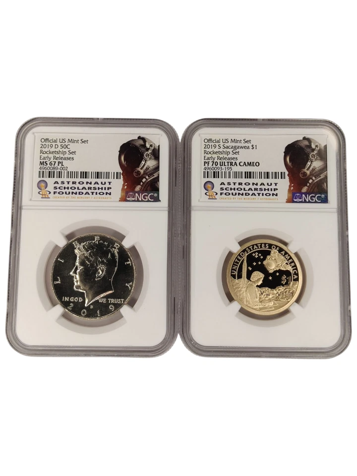 2019 Rocketship 2pc Set Dollar NGC PF70UC Half Dollar NGC PL67 ASF ER Labal 15A - Image 1 of 2