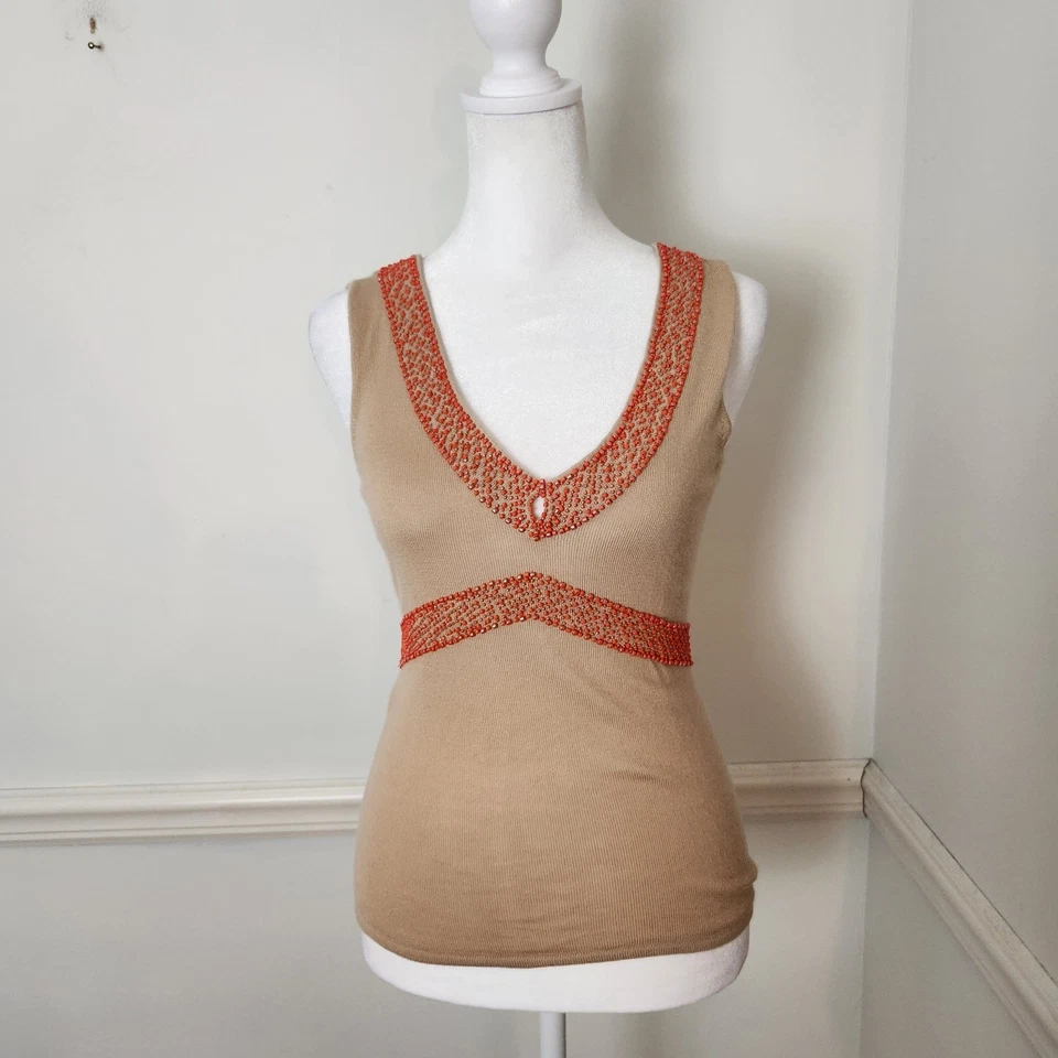 New Vtg Y2K Saks Fifth Avenue Cashmere Sweater Tank Top XS Womens Bead Boho Tan - Image 1 of 4