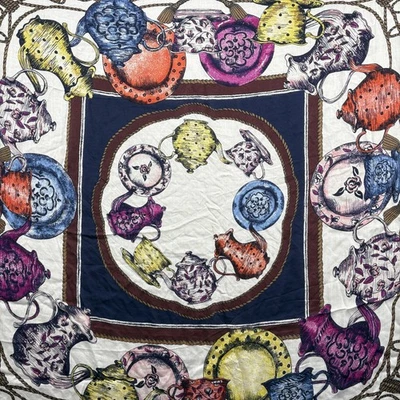 Talbots Tea Party Scarf Square Tea Set China Illustration 44x44 90s - Image 1 of 4