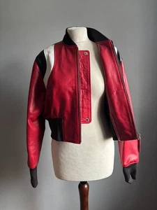 Red Leather bomber jacket 14 12 crop short colour block black white THE LETTER - Picture 1 of 20