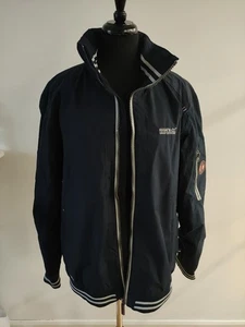 Mans Regatta Jacket Large Navy Concealed Hood Mesh Lining Pockets Ribbing - Picture 1 of 8