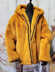 Mustard Yellow Faux Fur Hooded Coat Plush Soft Jacket Women’s Size M-L (44) - Picture 1 of 18