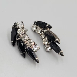 Vintage Black Clear Rhinestone Pierced Earrings Drop 1.25" - Picture 1 of 8