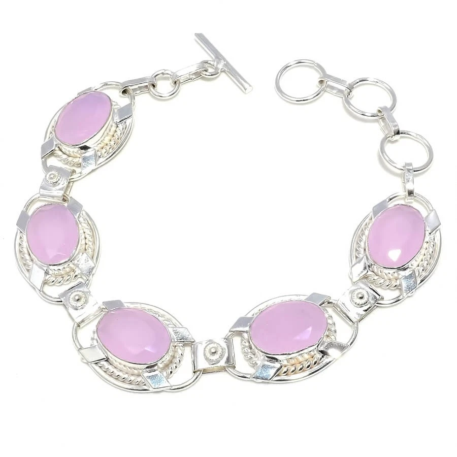 Brazalete de joyería de plata de ley 925 hecho a mano con piedras preciosas de cuarzo rosa tamaño 7-8" Foto 1 de 1
