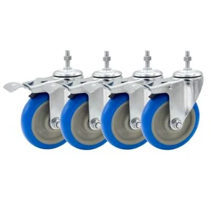 4er-Pack 5 Zoll Schaftrolle drehbar mit Vorderbremse blau PU Schwerlast Rollenräder - Bild 1 von 9