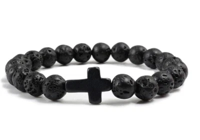 KREUZ ARMBAND PERLENARMBAND Herren LAVASTEIN Schwarz Matt Männer Geschen Liebe - Bild 1 von 3