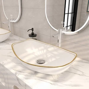 MEJE 22x16" Luxury Gold Rim Oval Vessel , Above Counter Bathroom Sink, Art Basin - Picture 1 of 9
