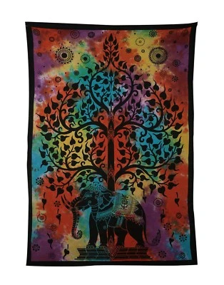 Indian Wall Hanging Tapestry Bed Sheet Psychedelic Elephant Tree Tie Dye 84" - Image 1 of 4