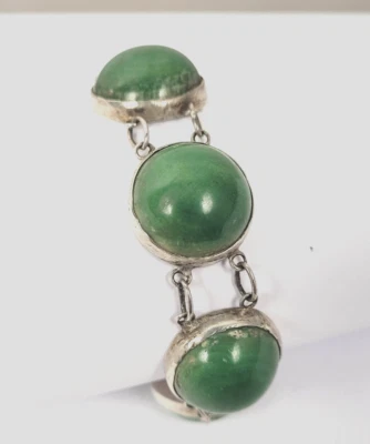 Green Aventurine Cabochon Bracelet Sterling Silver Vintage 7” - Image 1 of 4