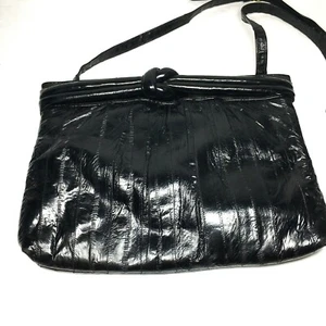 Vintage 1960s Eel Skin Clutch Black Eel leather made in Korea Purse with Strap - Picture 1 of 12
