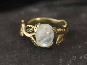 Gold Moonstone Ring, RainbowMoonstone,Vintage Ring,Gold Leaf Ring 10kYellow Gold