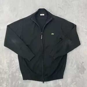 Lacoste Full Zip Sweater Men Size 4 Medium Black Ribbed Collar Crocodile Logo - Picture 1 of 12
