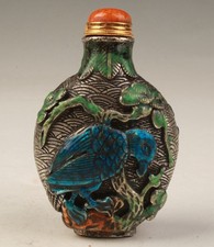 UNIQUE CHINA TIBETAN SILVER HAND-PAINTED BIRD SNUFF BOTTLE AUSPICIOU GIFT OLD