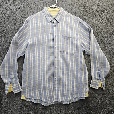 Indigo Palms Tommy Bahama 100% Linen Shirt Flip Cuff Blue Plaid Men L *Flaw - Image 1 of 4