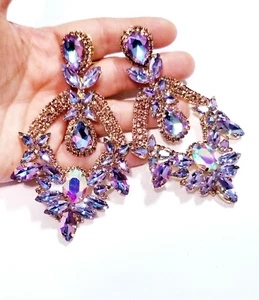 CLIP ON Earrings Rhinestone Crystal Oversized Purple Drop Chandelier 4.5 in Long - Picture 1 of 12
