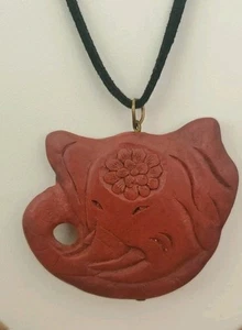 Chinese Export 2" Elephant Red Cinnabar Pendant W/ Black 20" Necklace A6 - Picture 1 of 7