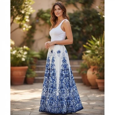 Flint & Moss женская юбка L белый синий цветочный плитки Flowy макси классический коттедж - Изображение 1 из 4