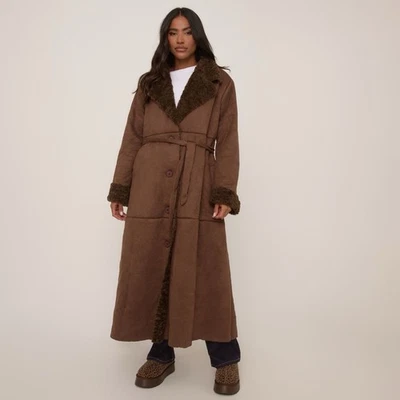 Ego Borg Lined Tie Waist Trench Coat In Chocolate Brown M - Image 1 of 4