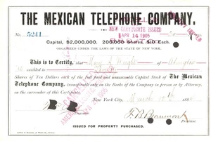 The Mexican Telephone Co - Original Aktienzertifikat - 1884 - #5241 - Bild 1 von 2