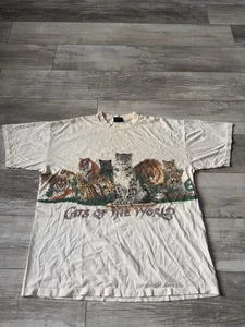 Camicia Habitat vintage uomo XL bianca anni 90 AOP gatti del mondo giungla natura - Foto 1 di 11