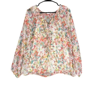 LC Lauren Conrad Womens Blouse White Floral Ruffle Sheer Long Sleeve Lined XL - Picture 1 of 12