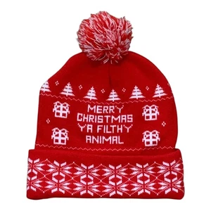 Home Alone Strick Bommel Beanie Mütze Merry Christmas Ya Filthy Animal Herren rot weiß - Bild 1 von 7
