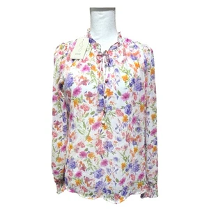 JOIE Floral Blouse Medium 8-10 Tie V-Neck Lined Sheer Sleeve Smocked Cuff  - Picture 1 of 12