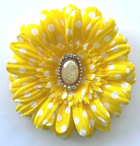 4.5" Yellow White Polka Dot Gerbera Daisy Silk Flower BROOCH PIN with Cabochon