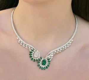 Vivid Green Emerald With Clear White Zircon 32.01CT Fine Choker Wedding Necklace - Picture 1 of 4