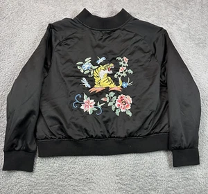 Souvenir Satin Jacket Womens 1X Black Tigers Flowers Modern Retro Cali 1850 - Picture 1 of 8