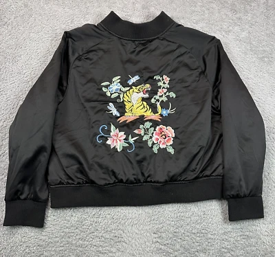 Souvenir Satin Jacket Womens 1X Black Tigers Flowers Modern Retro Cali 1850 - Image 1 of 4