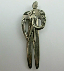 Singed Laurel Burch Shaman and Child Brooch Pewter Pin Marin California Artist - Picture 1 of 4