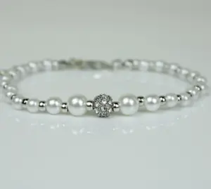 White Gold Finish Created Diamond & Alternating Pearl Bead sizes Bracelet - Picture 1 of 6