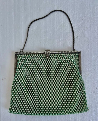 Vintage Austrian clear crystals rhinestones green mesh purse bag with mirror - Image 1 of 4