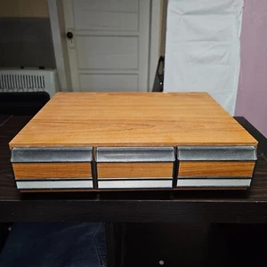 Storage Case 42 Cassette Tape Vintage Holder Real Wood 3 Drawer Cabinet 15x11" - Picture 1 of 9