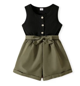 Girl Button Design Sleeveless Belted Splice Romper Jumpsuit Size 5-6 Years - Picture 1 of 4