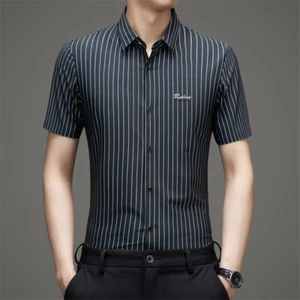 Mens Dress Shirts Business Short Sleeves No Iron Ice Silk Elastic Casual Shirts - Picture 1 of 14