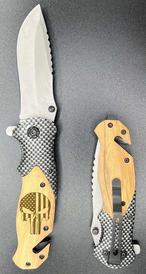 Faca de bolso militar gravada em madeira de oliveira punidor bandeira americana presente ao ar livre - Imagem 1 de 3