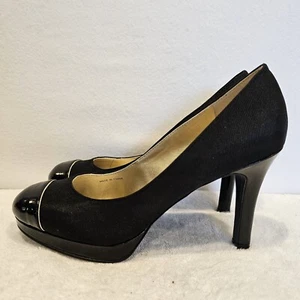 Tahari Cap Toed Laurie Pumps Size 7.5M Black Fabric Patent Leather 3.5" Heel New - Picture 1 of 7