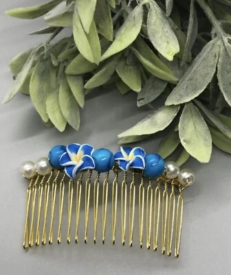 Acessórios de cabelo dourado 3,5 pol. flor azul casamento noiva miçangas brancas - Imagem 1 de 2