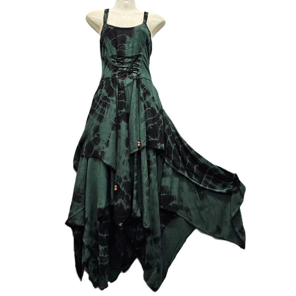 Tie Dye Dress Festival Sleeveless Pixie Hem Green Black 10 12 14 16 18 20 22 - Image 1 of 4
